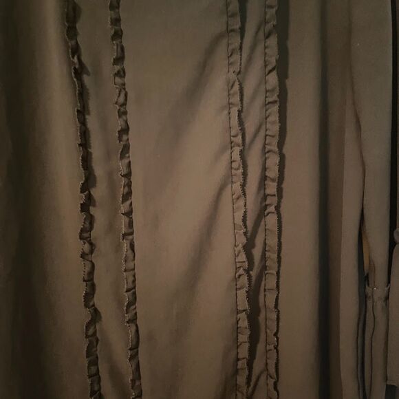 Loft Corpcore Dressy Navy Blue Sheer Long Bell Sleeves Ruffle Front Blouse SZ S - Picture 5 of 7